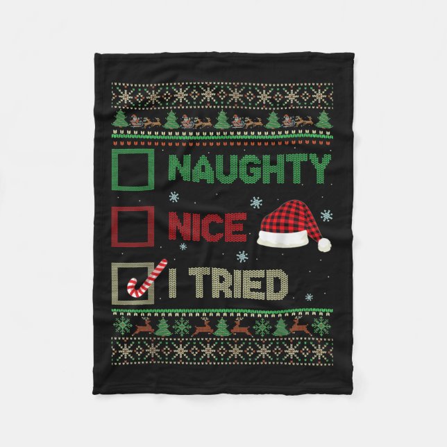 Nice Naughty I Tried Ugly Sweater Red Plaid Christ Fleece Blanket (Front)