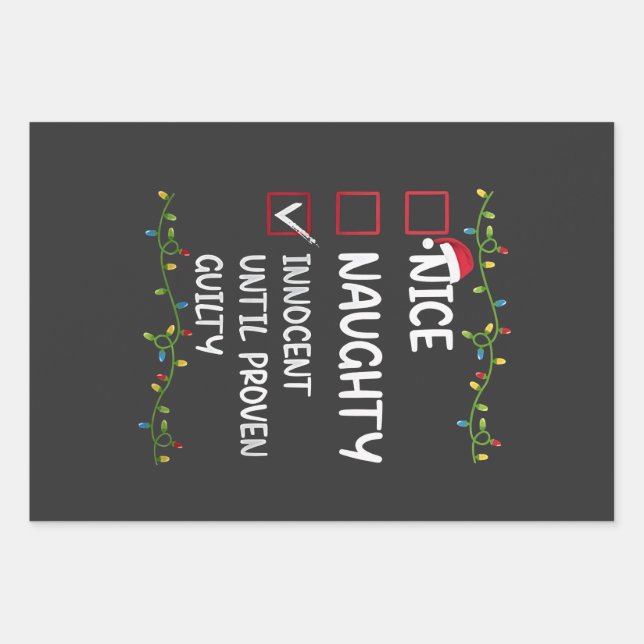 Nice Naughty Innocent Until Proven Guilty Xmas Wrapping Paper Sheets (Front)