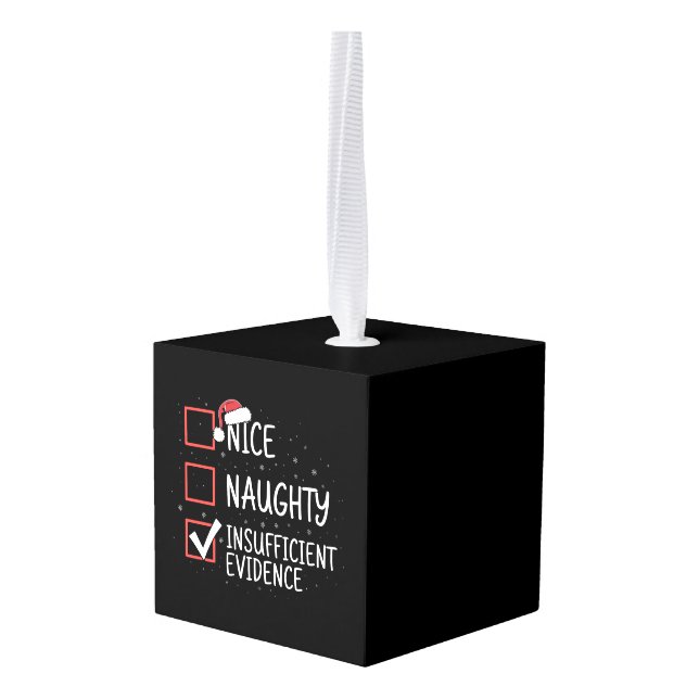 Nice Naughty Insufficient Evidence Christmas Funny Cube Ornament (Back Angled)