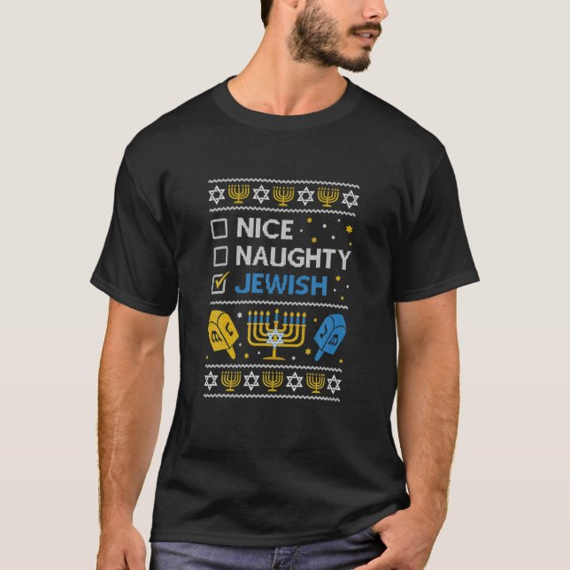Nice Naughty Jewish Funny Hanukkah Christmas T-Shirt (Front)