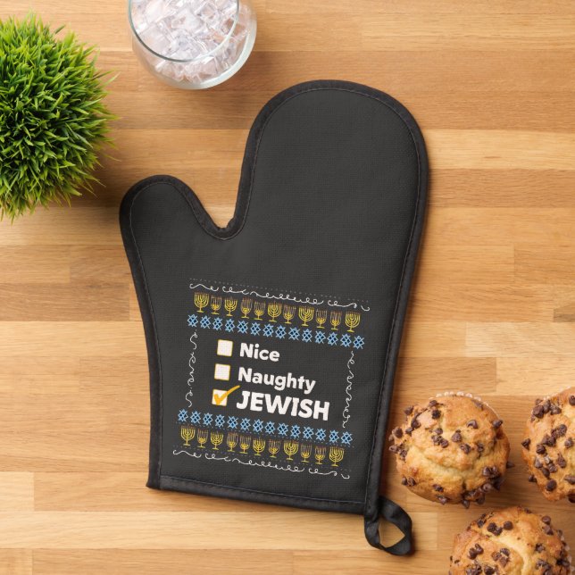 Nice Naughty Jewish Hanukkah Ugly Sweater Oven Mitt (Top down)