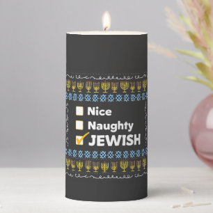 Nice Naughty Jewish Hanukkah Ugly Sweater Pillar Candle