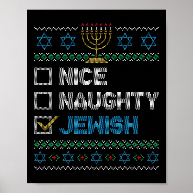 Nice Naughty Jewish Ugly Christmas Sweater Funny H Poster (Front)