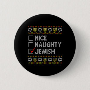 Nice Naughty Jewish Ugly Hanukkah Sweater Funny Ch Button
