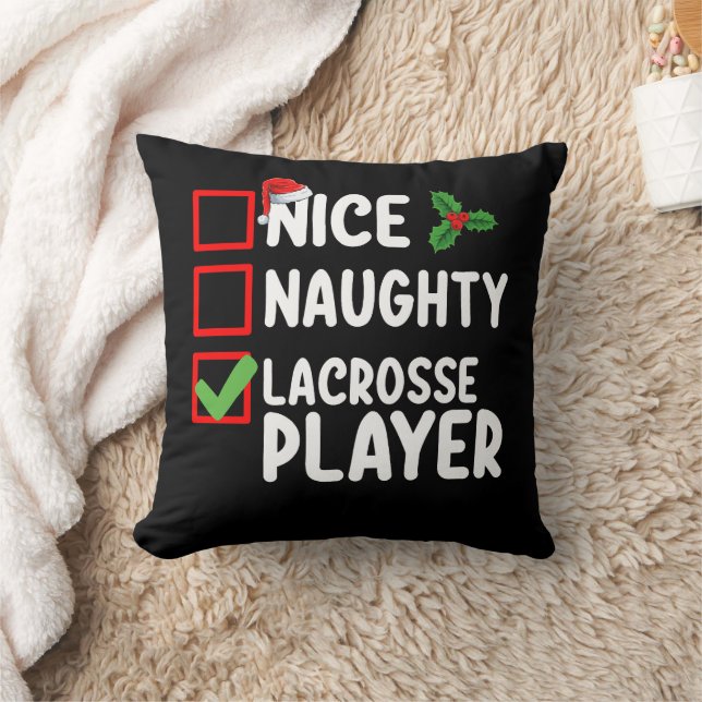 Nice Naughty Lacrosse Player Christmas List Throw Pillow (Blanket)