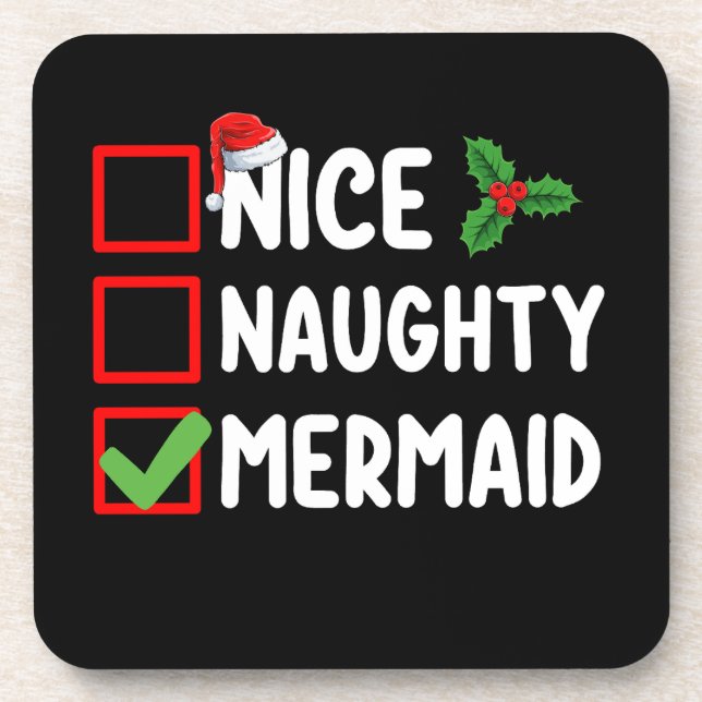 Nice Naughty Mermaid Christmas List Family Holiday Beverage Coaster (Front)