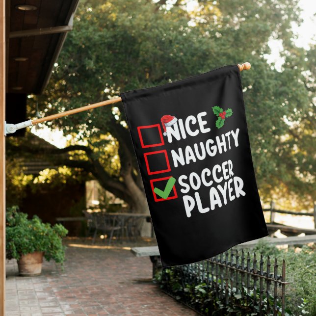 Nice Naughty Soccer Player Christmas Holiday House Flag (In SItu)