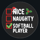 Nice Naughty Softball Player Christmas List Classic Round Sticker<br><div class="desc">Nice Naughty Softball Player Christmas List Holiday</div>