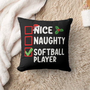 Nice Naughty Softball Player Christmas List Throw Pillow