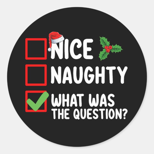 Nice Naughty What Was The Question Christmas List  Classic Round Sticker (Front)