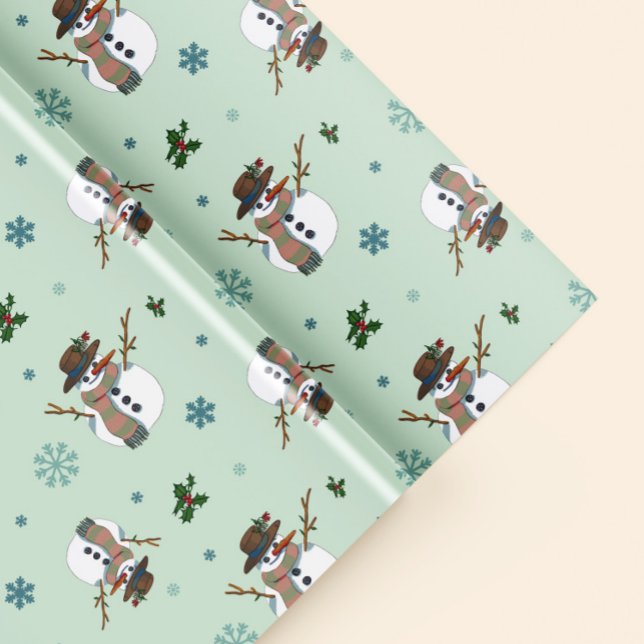Nice snowman with snowflakes wrapping paper (Fun gift wrapping paper with snowmen, holly branches and snowflakes)