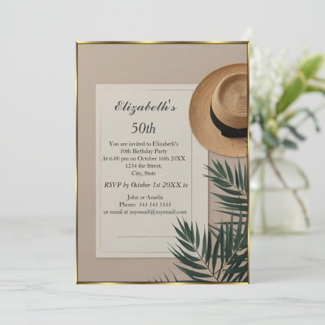Nice Summertime hat 50th Birthday Party cream  Invitation (Standing Front)