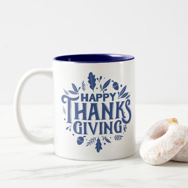 Nice Text Happy Thanksgiving with Leaves Autumn  Two-Tone Coffee Mug (With Donut)