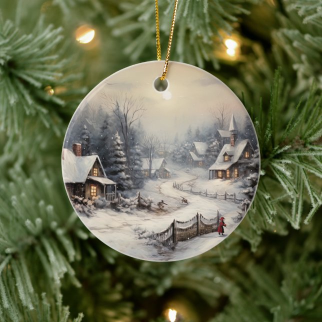 Nice village on Christmas night Ceramic Ornament (Tree)