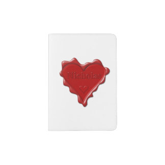 Nicholas. Red heart wax seal with name Nicholas Passport Holder