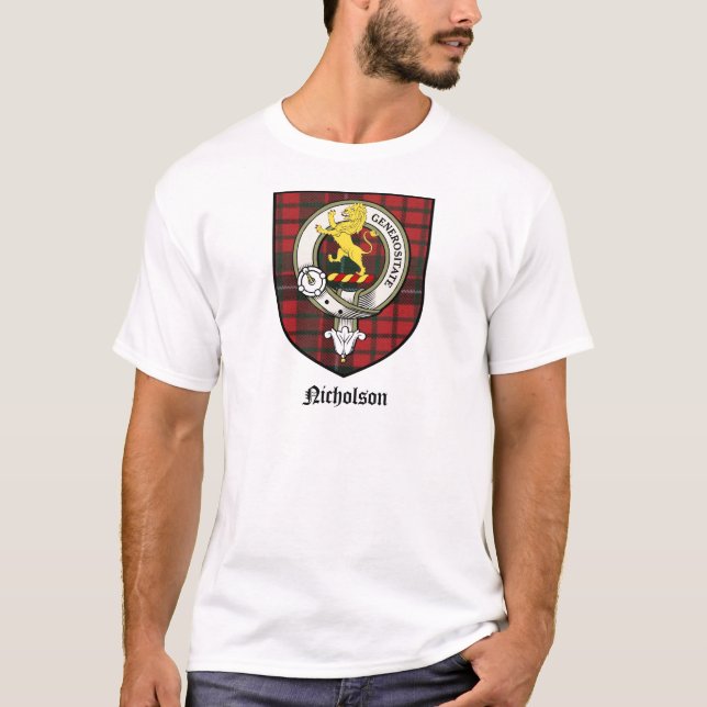 Nicholson Clan Crest Badge Tartan T-Shirt (Front)