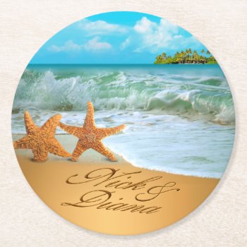 Nick Starfish Couple Ask 4 Your Names In Sand Round Paper Coaster by glamprettyweddings at Zazzle