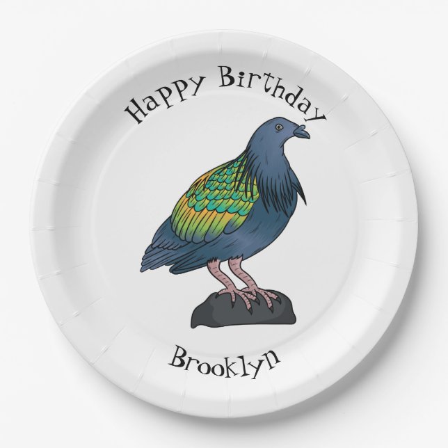 Nicobar pigeon bird cartoon illustration paper plates (Front)