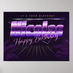 Nicolas Name First Name Purple Retro Poster Birthd
