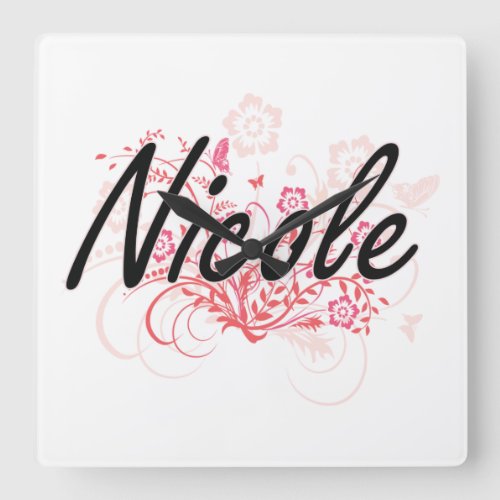 Nicole Artistic Name Design with Flowers Square Wall Clock