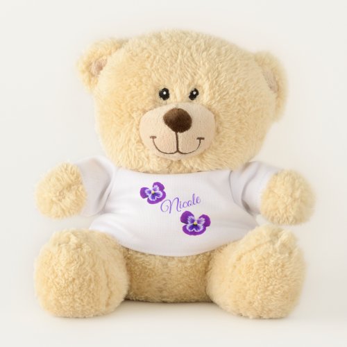 Nicole Name Logo With Purple Pansies Teddy Bear