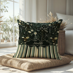 Nicolette Dark Daisy Floral Striped Throw Pillow