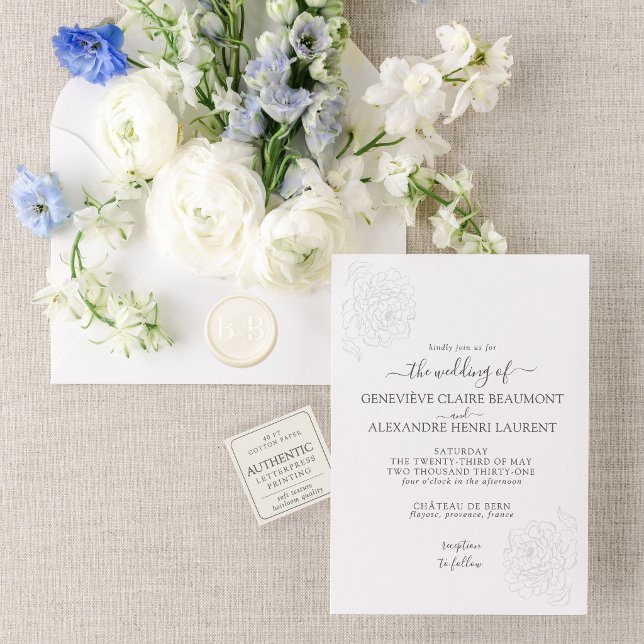 Nicolette Suite | Romantic Peony Script Wedding Letterpress Invitation (Romantic letterpress invitations with timeless floral elegance.)