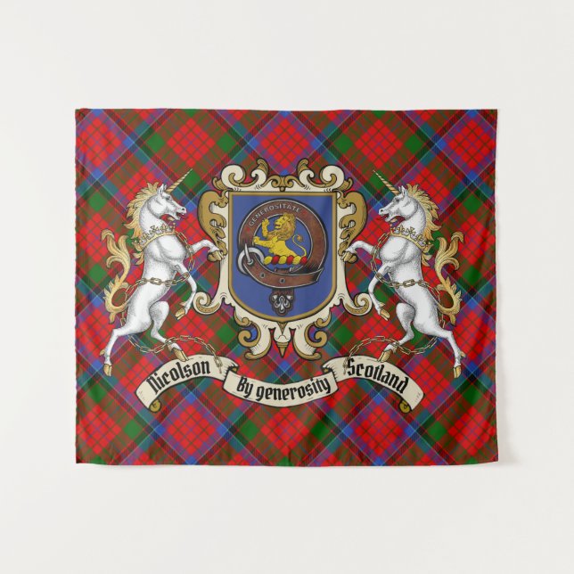 Nicolson Clan Badge & Unicorns w/Tartan  Tapestry (Front (Horizontal))
