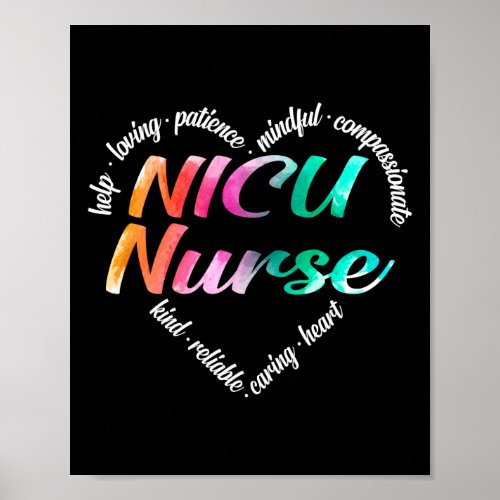 NICU Nurse Heart Word Cloud Watercolor Rainbow Poster