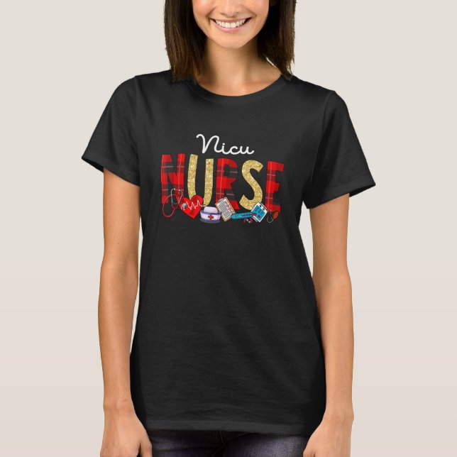 Nicu Nurse Plaid Glitter Love Heart Stethoscope Rn T-Shirt (Front)