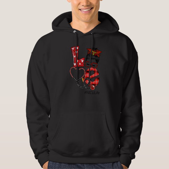 Nicu Nurse Plaid Leopard Love Heart Messy Bun Rn N Hoodie (Front)