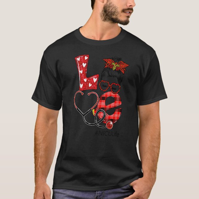 Nicu Nurse Plaid Leopard Love Heart Messy Bun Rn N T-Shirt (Front)