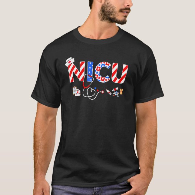 Nicu Nurse Stethoscope Memorial Day 4th July Nursi T-Shirt (Front)