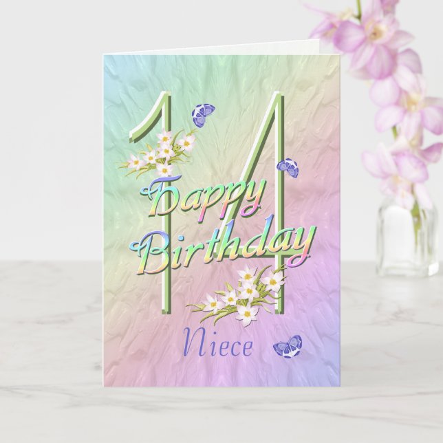 Niece 14th Birthday Butterflies and Flowers Card (Orchid)