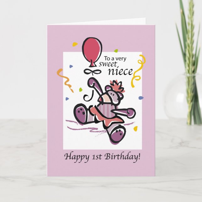 Niece 1st Birthday Bear Balloon Card (Front)