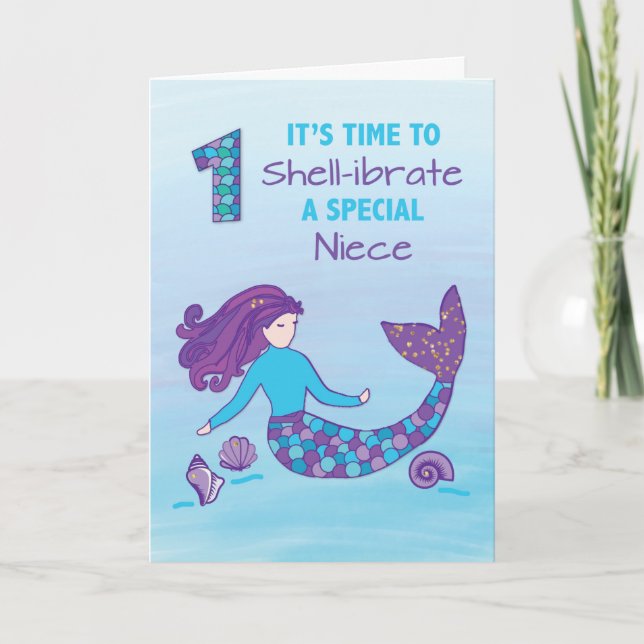 Niece 1st Birthday Sparkly Look Mermaid Card (Front)