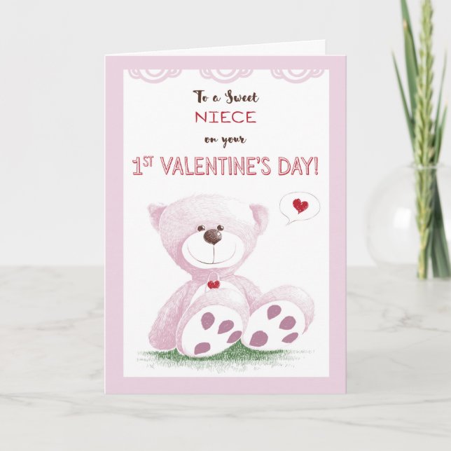 Niece, 1st Valentine's Day, Pink Teddy Bear on Gra Holiday Card (Front)