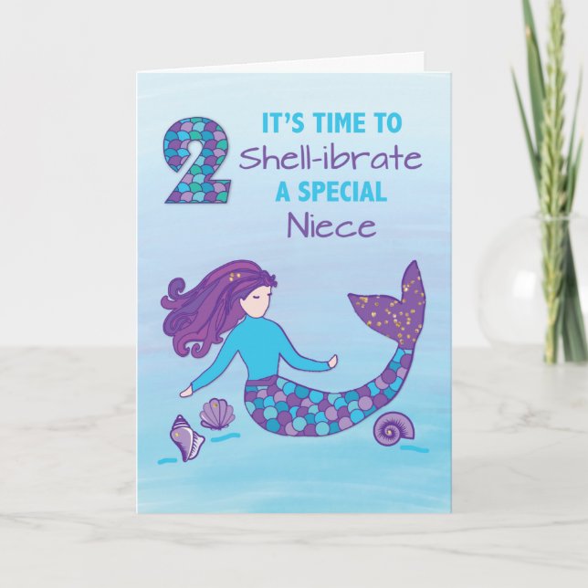 Niece 2nd Birthday Sparkly Look Mermaid Card (Front)