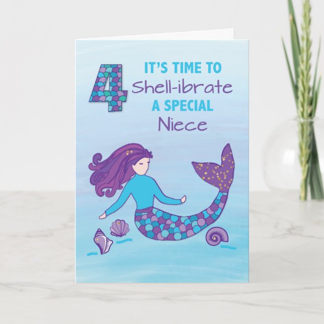 Niece 4th Birthday Sparkly Look Mermaid Card (Front)