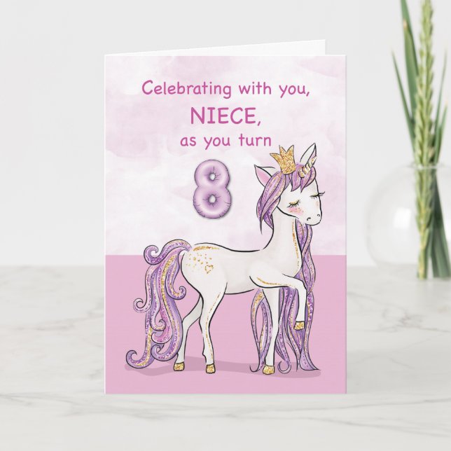 Niece 8th Birthday Pink Horse With Crown Card (Front)