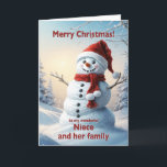 Niece and her Family Christmas Snowman  Holiday Card<br><div class="desc">A festive winter scene showing a cheerful snowman in a red hat and scarf. Wish your niece and her family a merry Christmas with a lovely snowman card.</div>