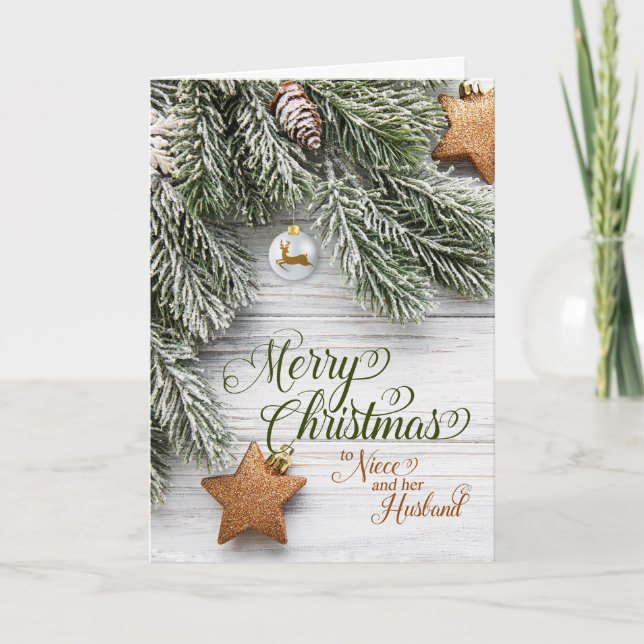 Niece and Husband Christmas Snowy Pine and Stars Holiday Card (Front)