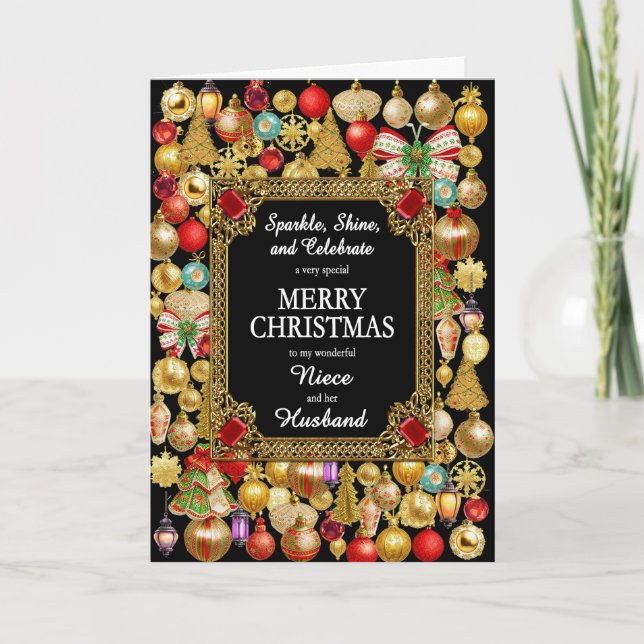 Niece and Husband Merry Christmas with Ornaments Holiday Card (Front)