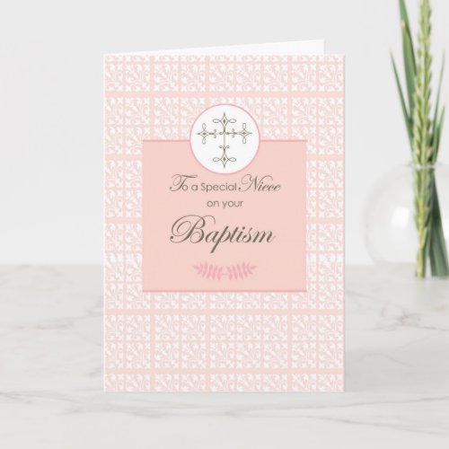Niece Baptism Pink with Lace and Cross Card