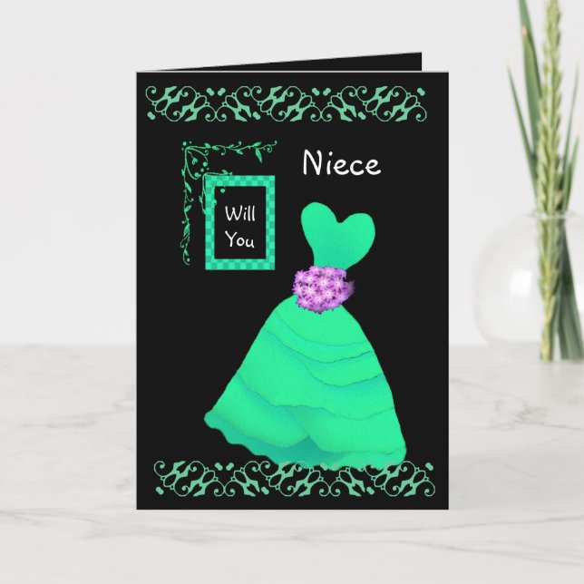 NIECE Be My Junior Bridesmaid with GREEN Gown Invitation (Front)