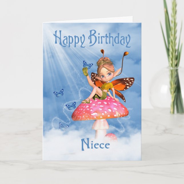 Niece Birthday Card - Cute Fairy On A Mushroom (Front)