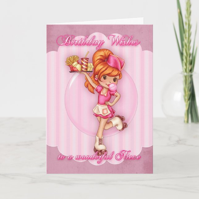 niece birthday card - cute waitress pink (Front)