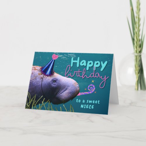 Niece Birthday Cute Manatee at Party Card