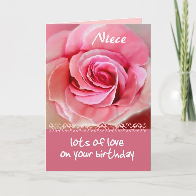 NIECE Birthday with Pink Rose and Lace Card (Front)