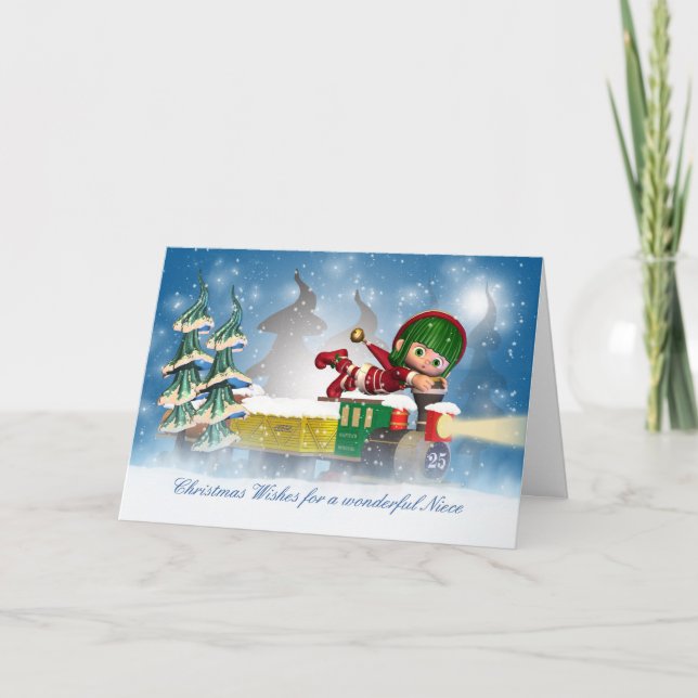 Niece Christmas card with cute elf on the Christma (Front)